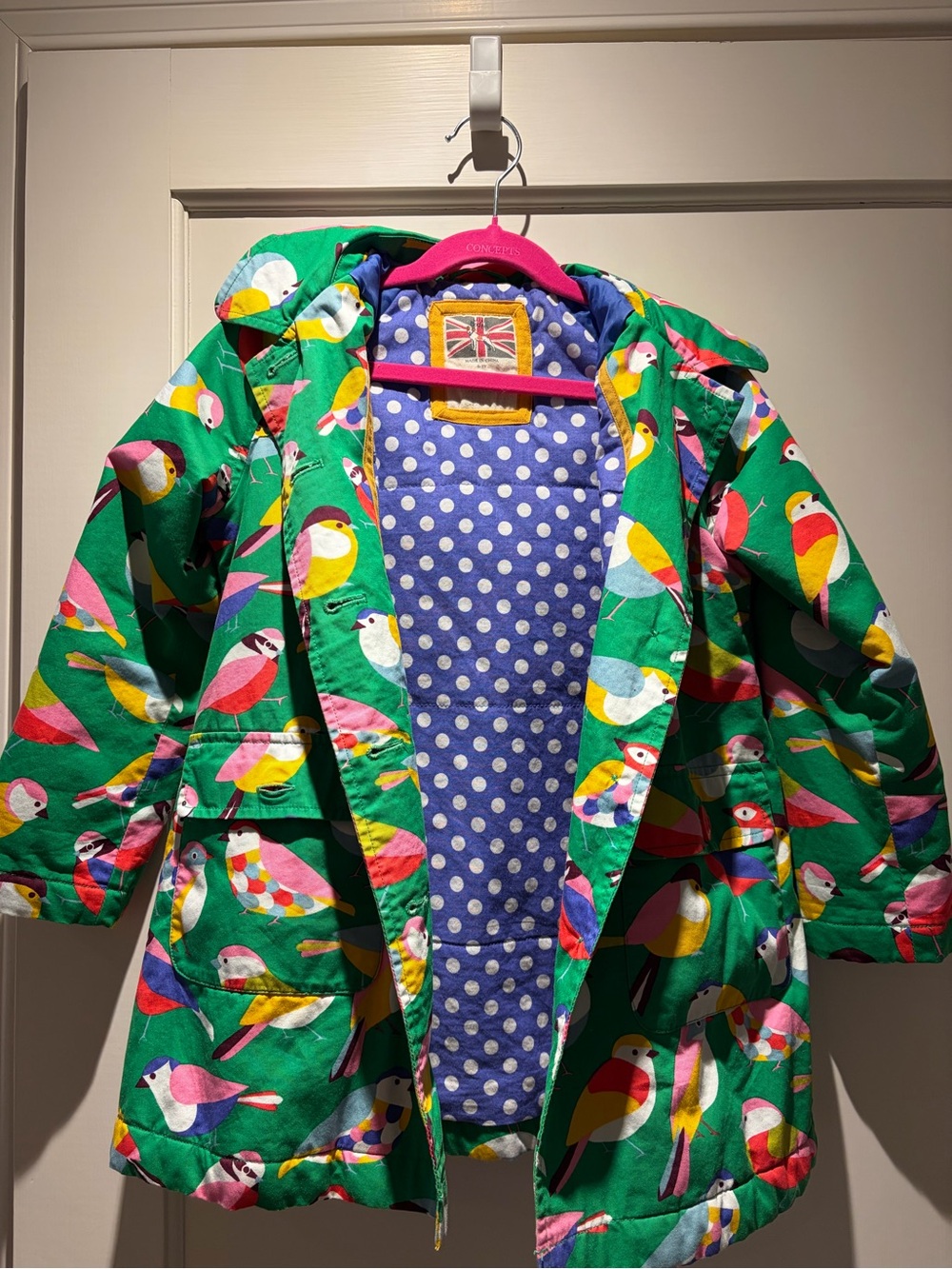 Mini Boden Green Hooded Jacket with Colorful Bird Print - Picture 2 of 5